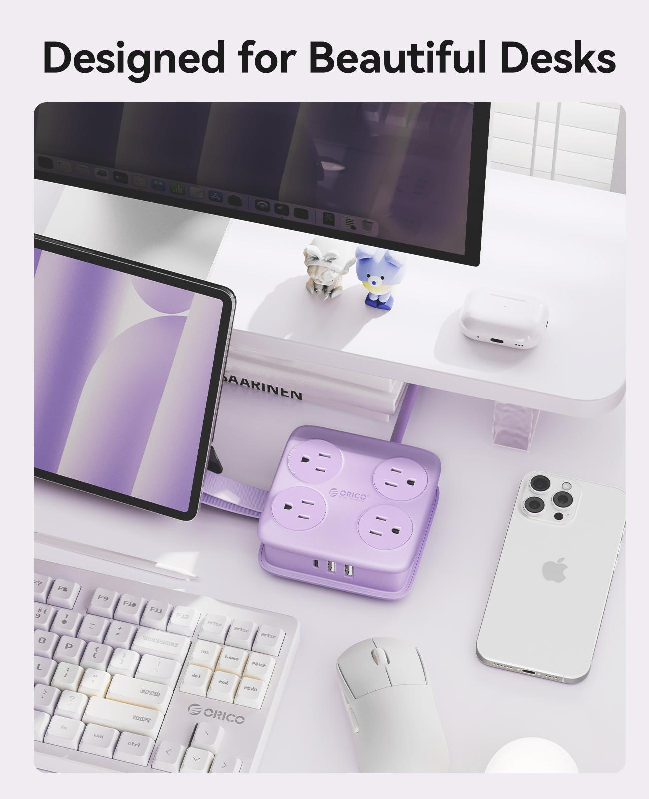 ORICO Power Strip is Designed for Desktop, 5 Ft Extension Cord with 3 USB Ports, 4 Side Outlet Extender & Flat Plug, 11 in 1 Charging Station for Home/Office/Dorm--AP3-8A