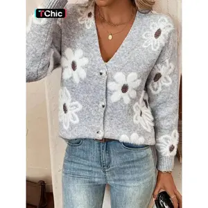 Fashion Floral Pattern Drop Shoulder Knit Cardigan Sweater, Casual Fitted Design for Fall & Winter, Moderate Fabric Thickness Knitted Sweater
