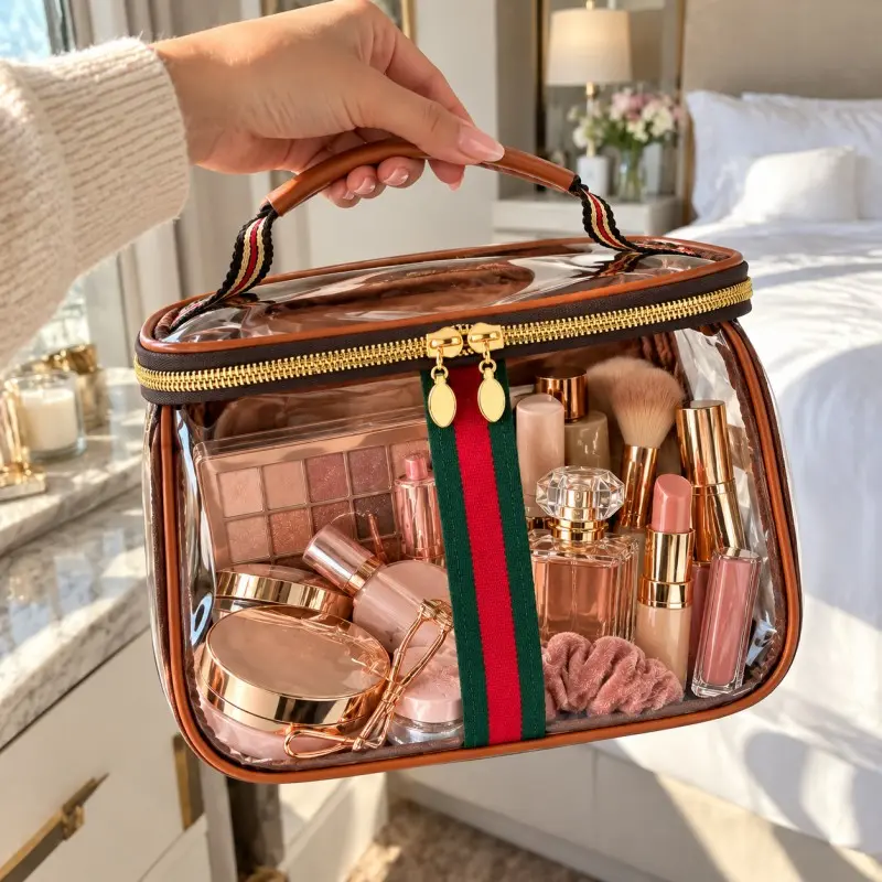 Retro Vintage Vanity Bag Set for Women, Large Capacity Travel Makeup Bags, Brown Cosmetic Organizer with Clear Toiletry Pouch, Portable Skincare Storage Case for Makeup Brushes, Beauty Essentials, Vacation, Weekend Trips, Home and Daily Use