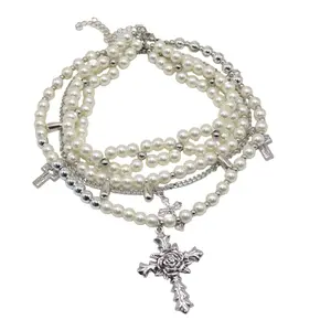 Fashionable Crosses Pendant Necklace Pearls Strand Jewelry Accessory
