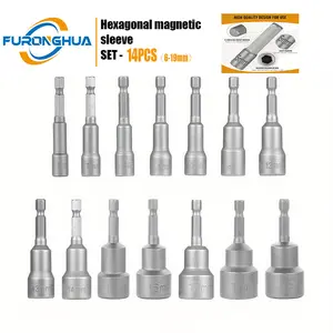 14PCS Hex Magnetic Socket Set Chrome Vanadium Steel 6-19mm Depth Adapter Nut Wrench Drill Bits for Hardened Metal Wood Plastic Professional Tools