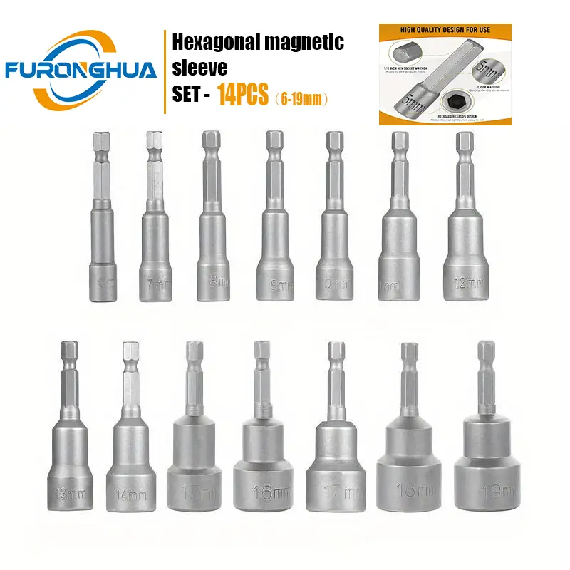 14PCS Hex Magnetic Socket Set - Chrome Vanadium Steel, 6-19mm, Magnetic Sleeve Design, Non-Slipping, Depth Adapter Nut Wrench Drill Bits for Hardened Metal, Wood - Professional Hand Tools, Zero Slipping