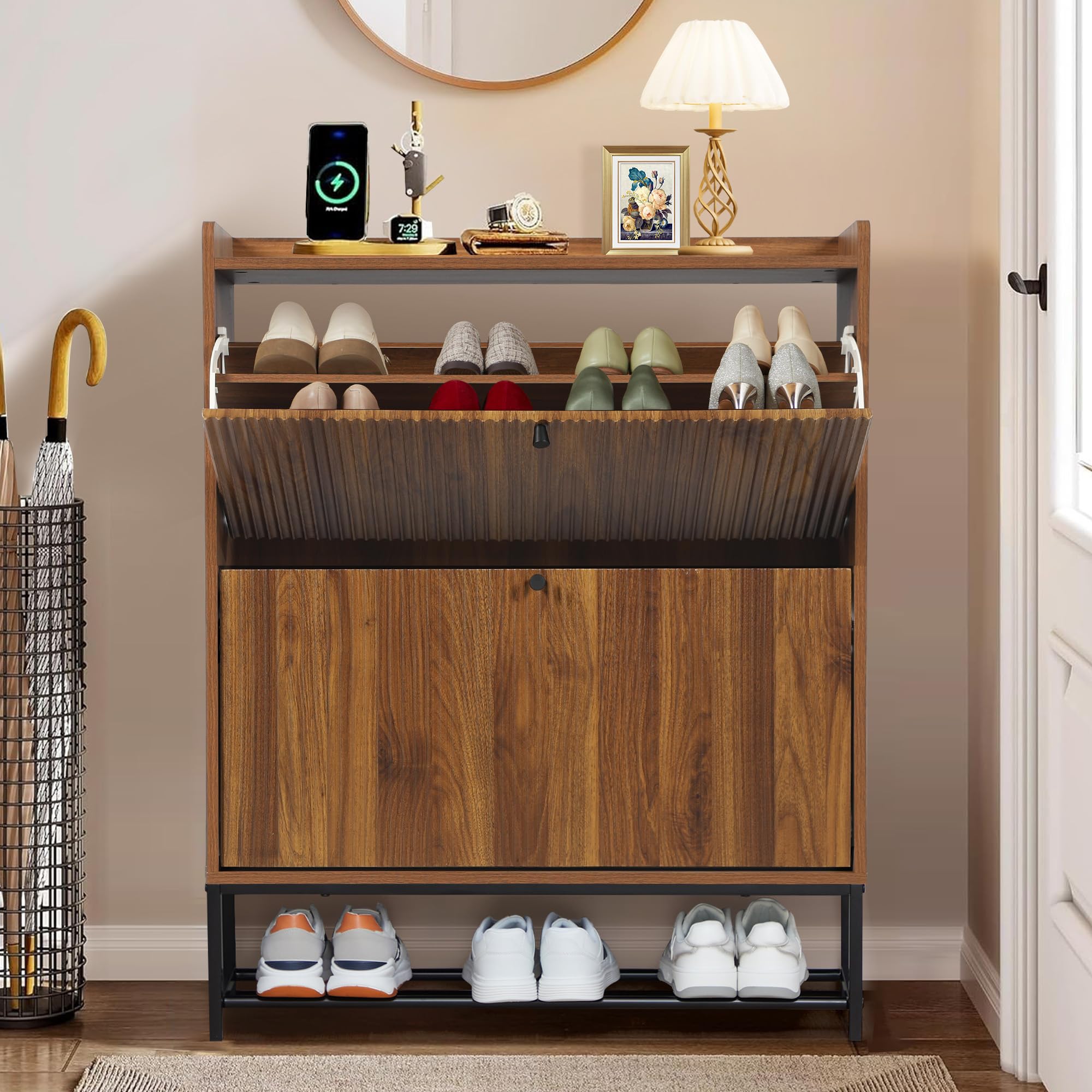 Giratree Fluted Shoe Cabinet with 2 Flip Drawers, Modern Slim Shoe Storage Organizer, Narrow Entryway Shoe Rack, Tipping Shoe Cabinet with Metal Legs for Heels, Boots, Slippers in Entrance