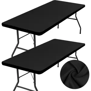 2 Pack Rectangle Table Cloth, Elastic Fitted Tablecloth Fits for 6 Foot Folding Tables, Washable Table Cover for, Camping, Indoor & (Black, 30" x 72")