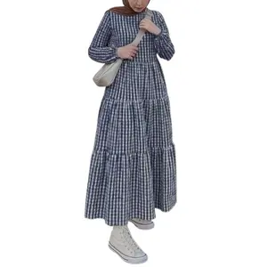 Check Plaid Long Sleeve Maxi Dress for Women, Tiered Ruffle Skirt, Relaxed Fit, Ankle Length, Soft Breathable Fabric, Cottagecore Weekend to Work Outfit