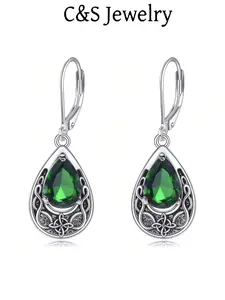 A pair of elegant 925 sterling silver Celtic knot pendant earrings, paired with green oxidized stone retro lever earrings, suitable for daily wear, parties, and gifts for women
