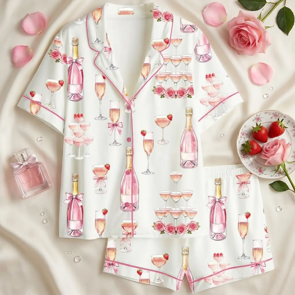 Women's Silk Satin Pajama Set 2 Piece Pink Champagne Print Sleepwear Short Sleeve Button Down Shorts Set Cute Bachelorette Party PJs Girls Night Loungewear Rosé Wine Coquette Aesthetic Birthday Outfit Soft Comfy Summer Nightwear