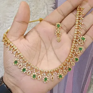 Gold Plated AD Necklace Set with Matching Earrings for Women's Fashion