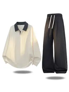 Spring/Autumn Lightweight Turn-Down Collar Sweatshirt and Curved-Cut Pants, Loose Old-Money Style Unisex Couple Matching Two-Piece Set — Top + Long Pants