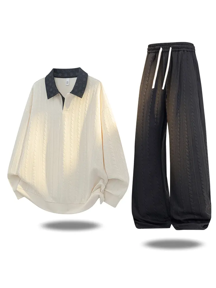 Spring/Autumn Lightweight Turn-Down Collar Sweatshirt and Curved-Cut Pants, Loose Old-Money Style Unisex Couple Matching Two-Piece Set — Top + Long Pants