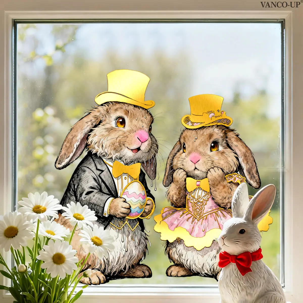 A set (30*30cm) of Easter window stickers featuring two rabbits wearing yellow top hats with gold stamping, for decorating festival living rooms, bedrooms, bathroom windows, shop windows, glass doors, self-adhesive door stickers GA20025