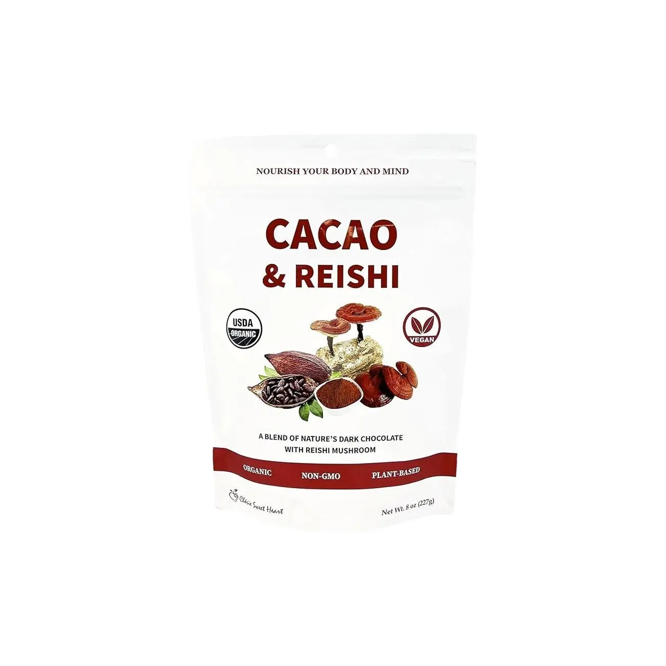 Cacao & Reishi Mushroom Blend Powder, 8oz - Organic, Non-GMO, Vegan, Gluten Free, Keto Bag – Antioxidant-Rich Raw Cacao with Adaptogens to Support Relaxation & Wellness