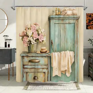 Vintage Floral Shower Curtain Turquoise Color Design, Adorned with Roses in a Metal Vase, Complemented by a Pastel Yellow Wall, Perfect for Shabby Chic Home Decor And Includes 12 Hooks Bathroom Decoration Accessories Gift