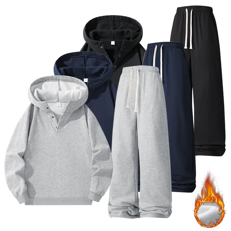 Men’s casual solid-color sweatshirt with half button closure paired with straight-leg pants two-piece set, drawstring waist; suitable for everyday wear in all seasons—gray, casual and stylish, comfortable and versatile, an essential piece for daily life.