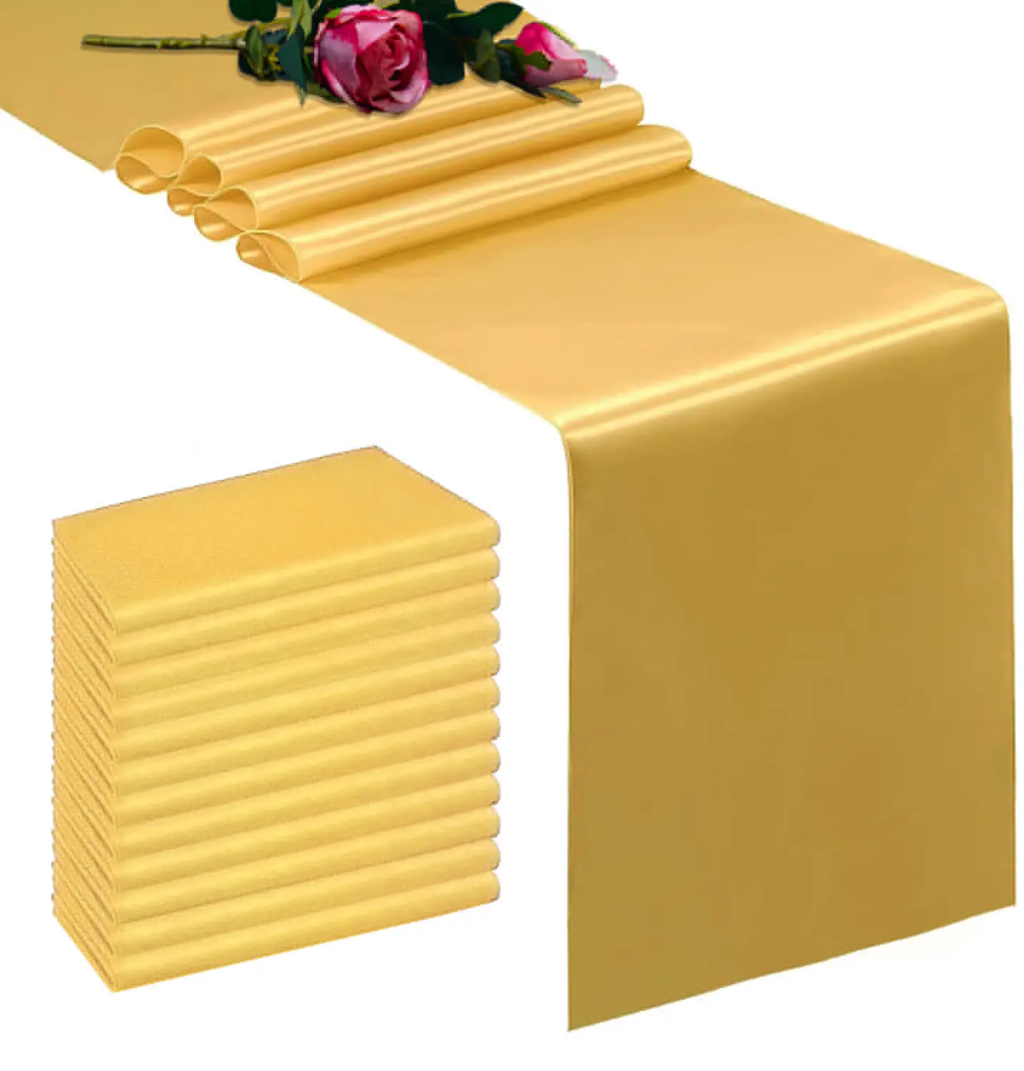 15 Pack Golden Satin Table Runner 12 x 108 Inch, Smooth Table Runners for Wedding Banquets Birthday Party