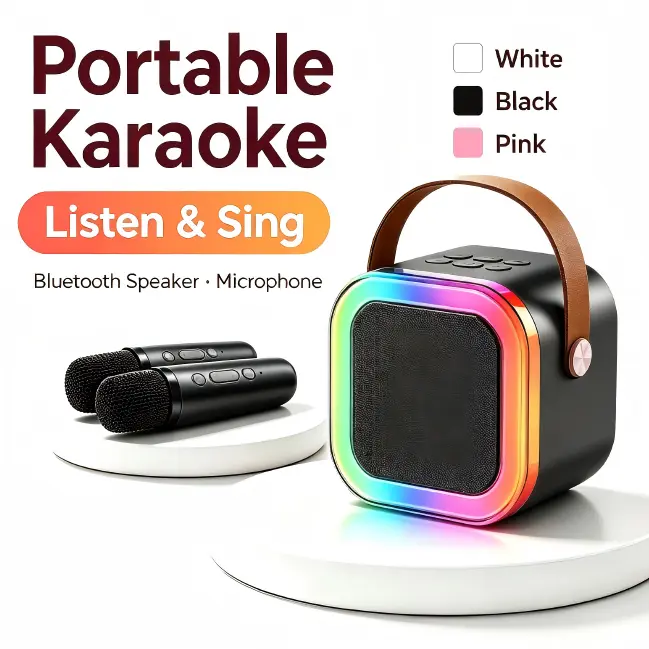 Fall Portable Wireless Karaoke Speaker with 2 Wireless Microphones,  RGB LED Lights, TF Card, Adjustable Echo, AUX Input, Bluetooth, USB, for Family Gatherings, School Activities Colorful
