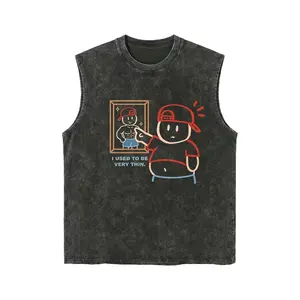 Men‘s Retro Washed Sleeveless Tank Top | Fun Graphic Print | 100% Pure Cotton Distressed Loose Fit | Gym & Summer Streetwear
