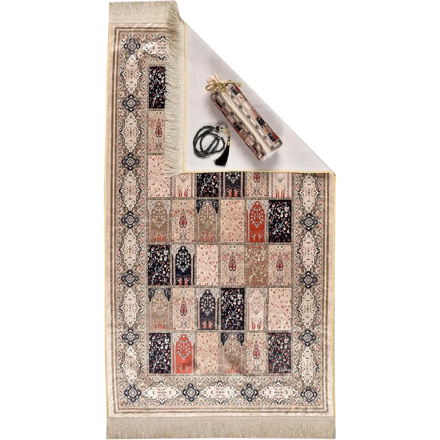 Velvet Janamaz with Prayer Beads & Pouch – Turkish Style Islamic Prayer Rug for Men & Women | A Sacred Space for Peace & Divine Connection