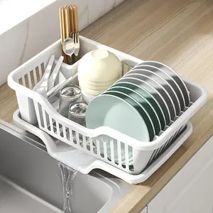 2- Plastic Dish Drying Rack, Heavy Duty Sink Set Dish Rack, White Large Drainer with Attached Drainboard Utensil Cup Holders for Home Kitchen Counter Top Organizers