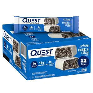 Quest Nutrition Crispy Cookies & Cream Hero Protein Bar 18g Protein, 1g Sugar, 3g Net Carb, Gluten Free, 12 Count, Keto Friendly