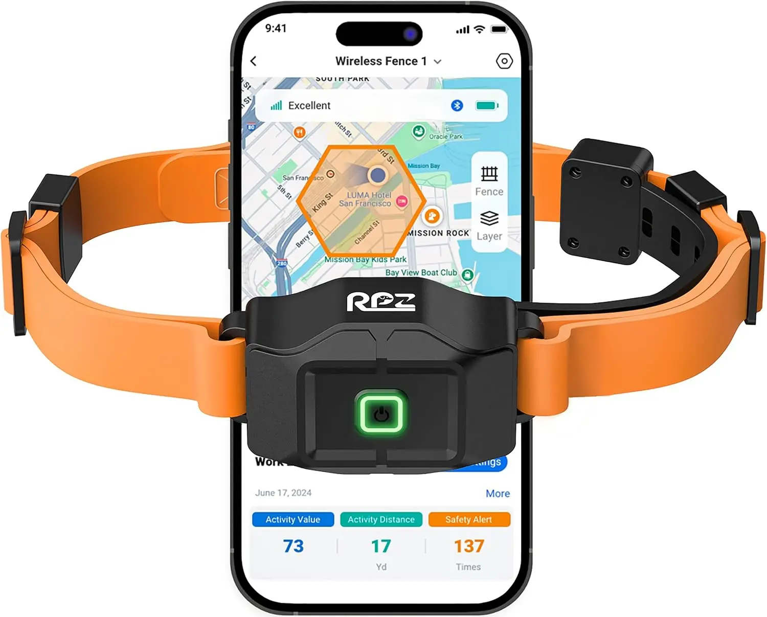 RPZ GPS Wireless Dog Fence System with Free App, No Subscription, Orange | Invisible dog fence & training collar with beep, vibration, shock modes, IP67 waterproof rechargeable collar for outdoor use