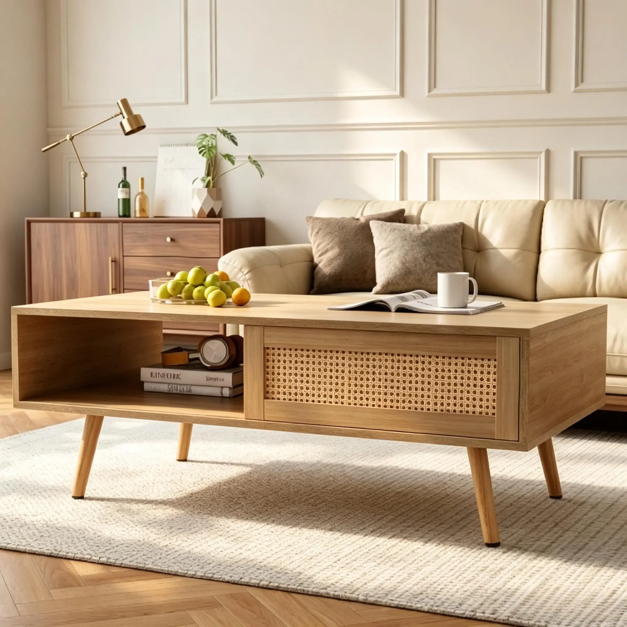 Boho Rattan Coffee Table, Rectangular Wooden Coffee Table with Open Compartment & Sliding Rattan Door, Stable Rubber Wood Legs, Farmhouse Coffee Table for Home Office