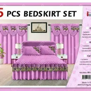 Bollpat 5Pcs Bed Skirt Set King Size Purple with Floral Embroidery and Ruffled Edge for Bedroom Decor