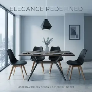 5-Piece Dining Table Set with 4 PU Leather Chairs, Modern Minimalist Table with MDF Top & Metal Frame, Sturdy Wooden Leg Chairs with Padded Seats, Easy Assembly for Kitchen Dining Room