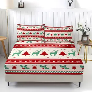3-piece Christmas Reindeer and Pine Stripe Pattern fitted sheet, including 1 bed sheet and 2 pillowcases, comfortable bedding with anti-slip dust cover suitable for bedrooms and guest rooms,perfect for personal use or as a Christmas gift