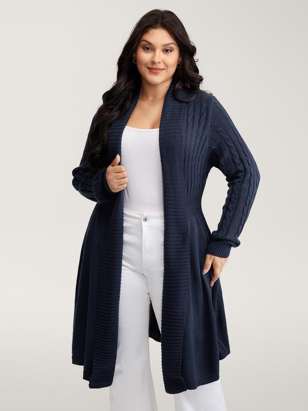 BLOOMCHIC Indigo Cable Knit Cinched-Flared Waist Knit Cardigan with Long Sleeves and Kimono Collar for Timeless Style Fit Knitting Knitwear Women Womenswear