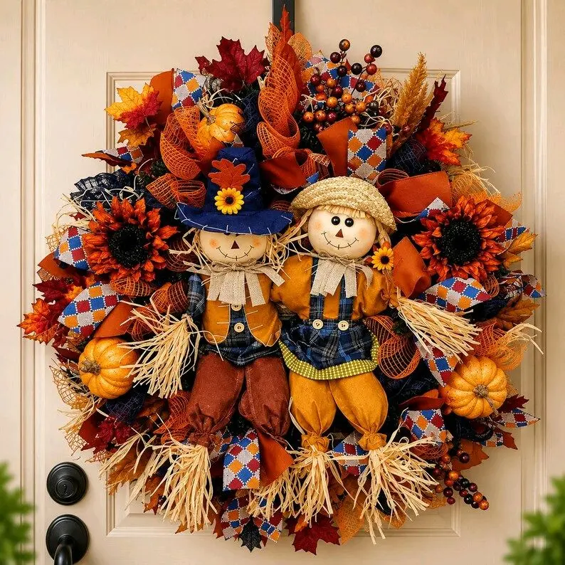 Handcrafted Scarecrow Couple Fall Wreath, Harvest Pumpkins, Autumn Farmhouse Door Decor