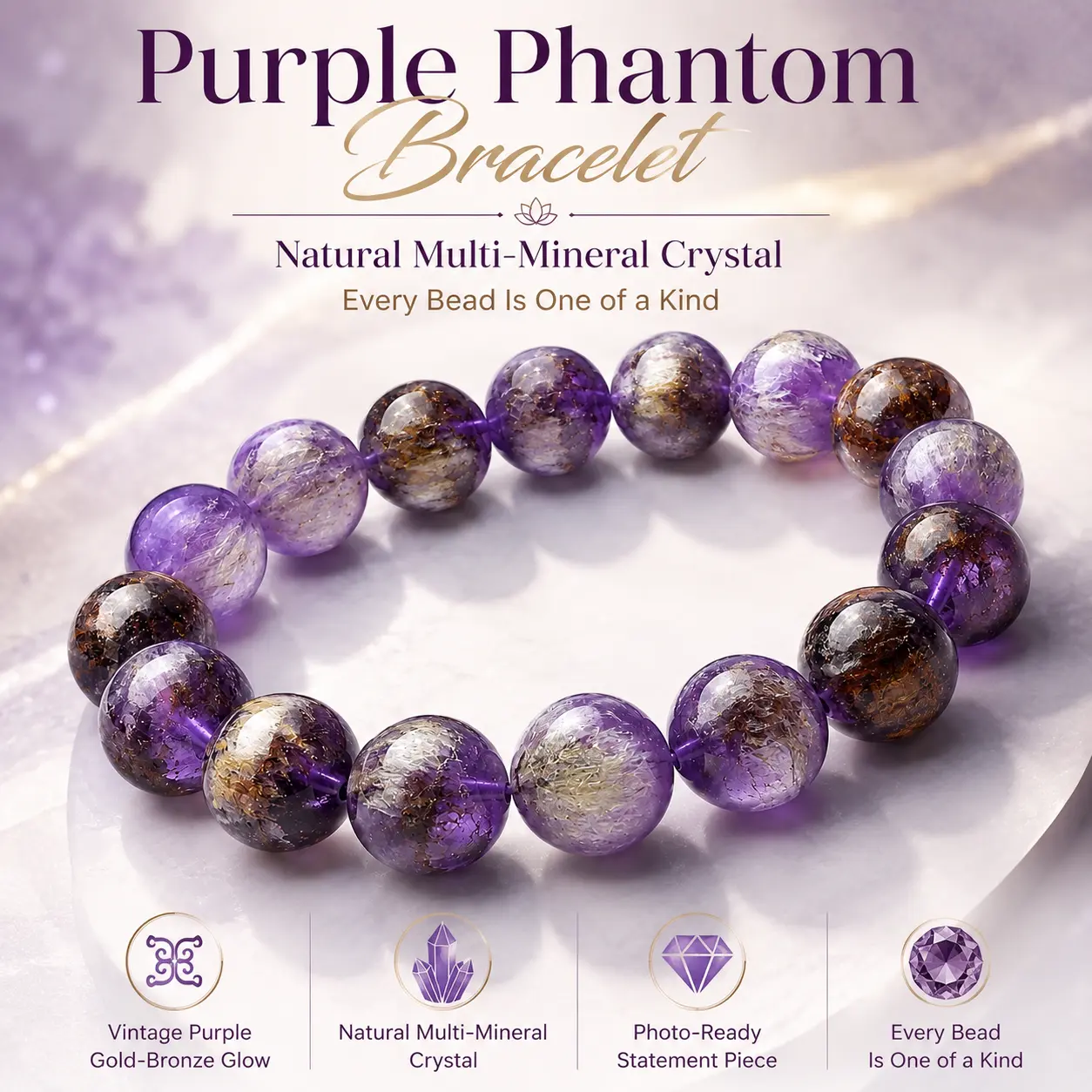 Top-Tier 9 Violet Fire Full-Deposit Purple Phantom Quartz Bead Bracelet, Natural Crystals Jewelry Accessory with Phantom Effect for Everyday Wear