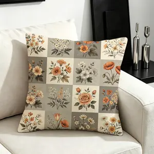 Vintage Floral Checkerboard Throw Pillow, Soft Microfiber Cushion with Filler, Machine Washable, All-Season Decorative Pillow for Sofa Cafe Bedroom, Gift Idea