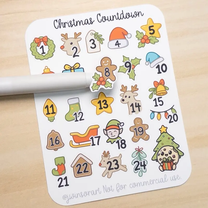 Christmas Countdown Sticker Sheet | 1–24 Advent Calendar Stickers | Kawaii Holiday Planner Stickers | Cute December Date Covers | Cookie Character Christmas Stickers