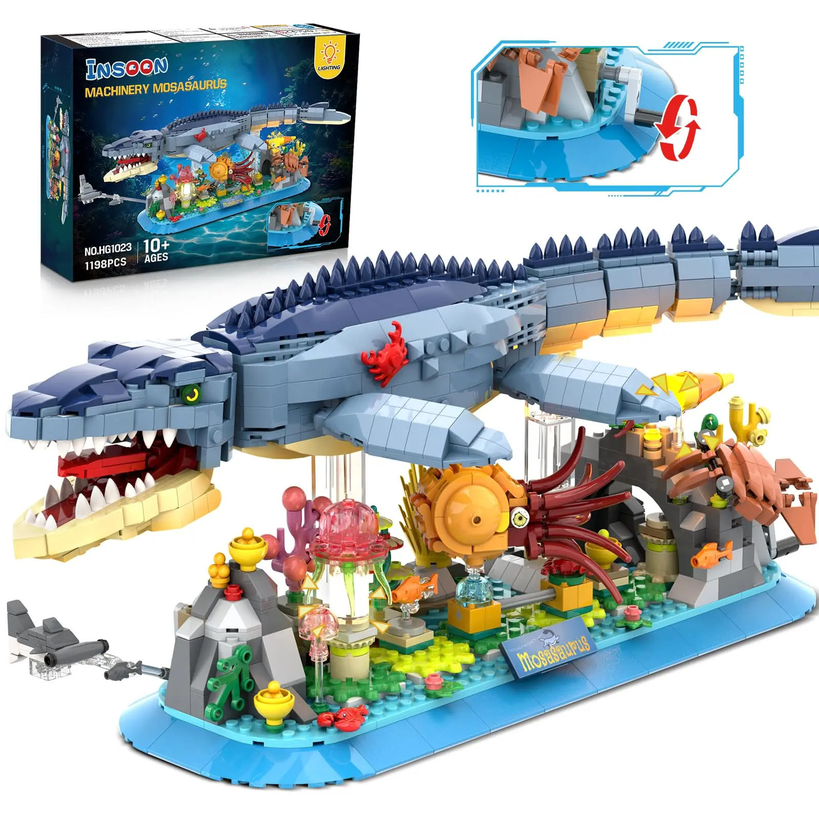 Insoon Mosasaurus Building Set with LED Light, 1219 PCS Movable Ancient Reptile Block Toy, Includes Nautiluses, Jellyfish, Squid & Coral Reef, Home Decor Gift for Adults Teens 12+