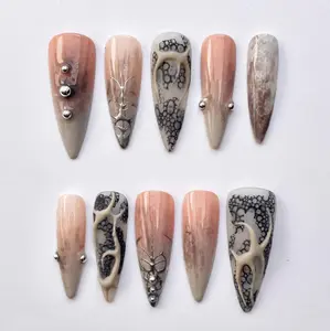 Handmade Neutral Marble Press On Nails | 3D Stone Texture & Chrome Detail | Luxury Beige Abstract Stiletto Set