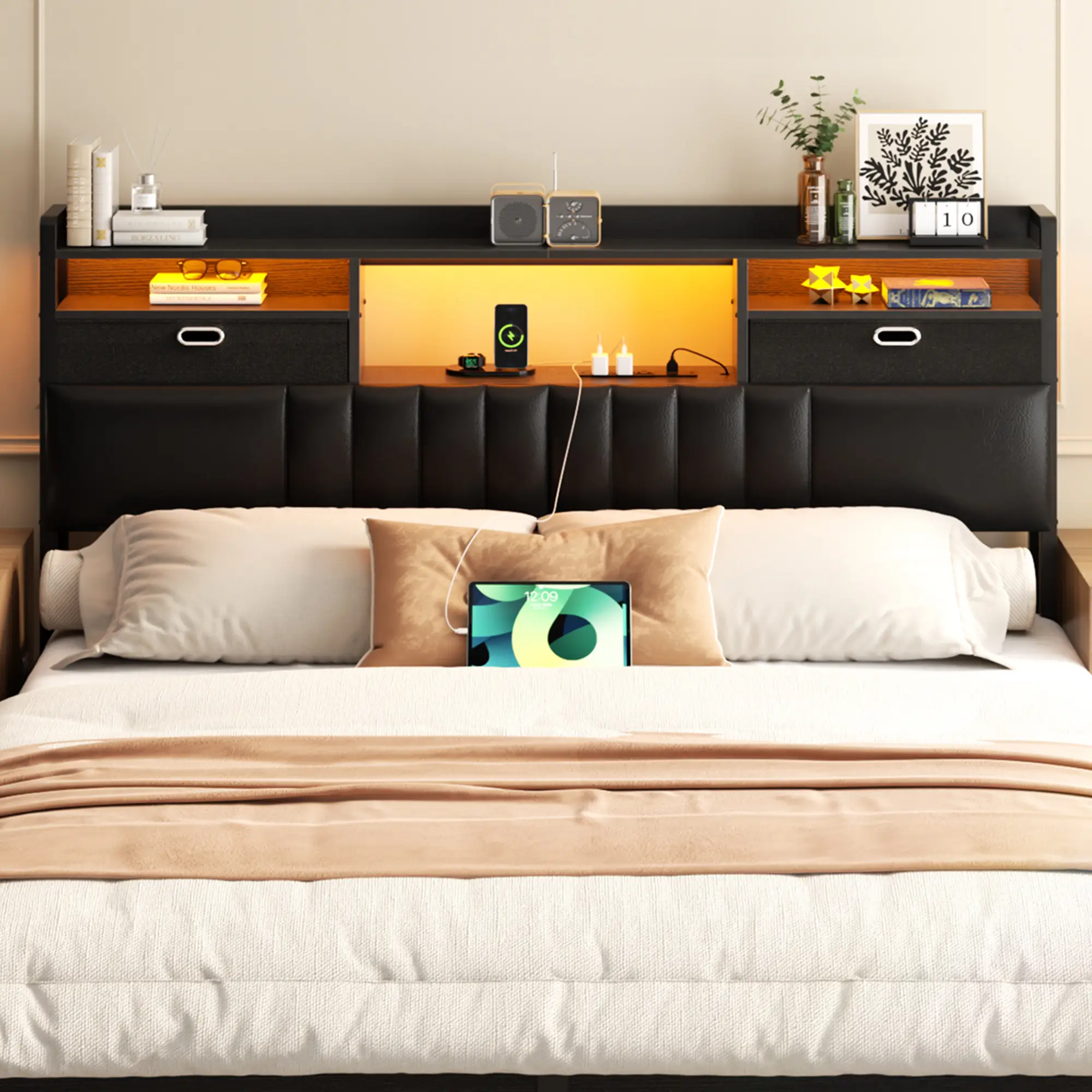 Upholstered Headboard with Charging Station and RGB LED Light,Wooden Headboard with 2 Fabric Drawer and Bookcase for King/Queen/Full/Twin Size Bed