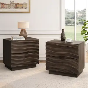 ARCH Solid Wood Nightstands Set of 2, Bedside Table with 2 Drawers, No Handles, Sofa End Table for Living Room, Bedrooms,Brown