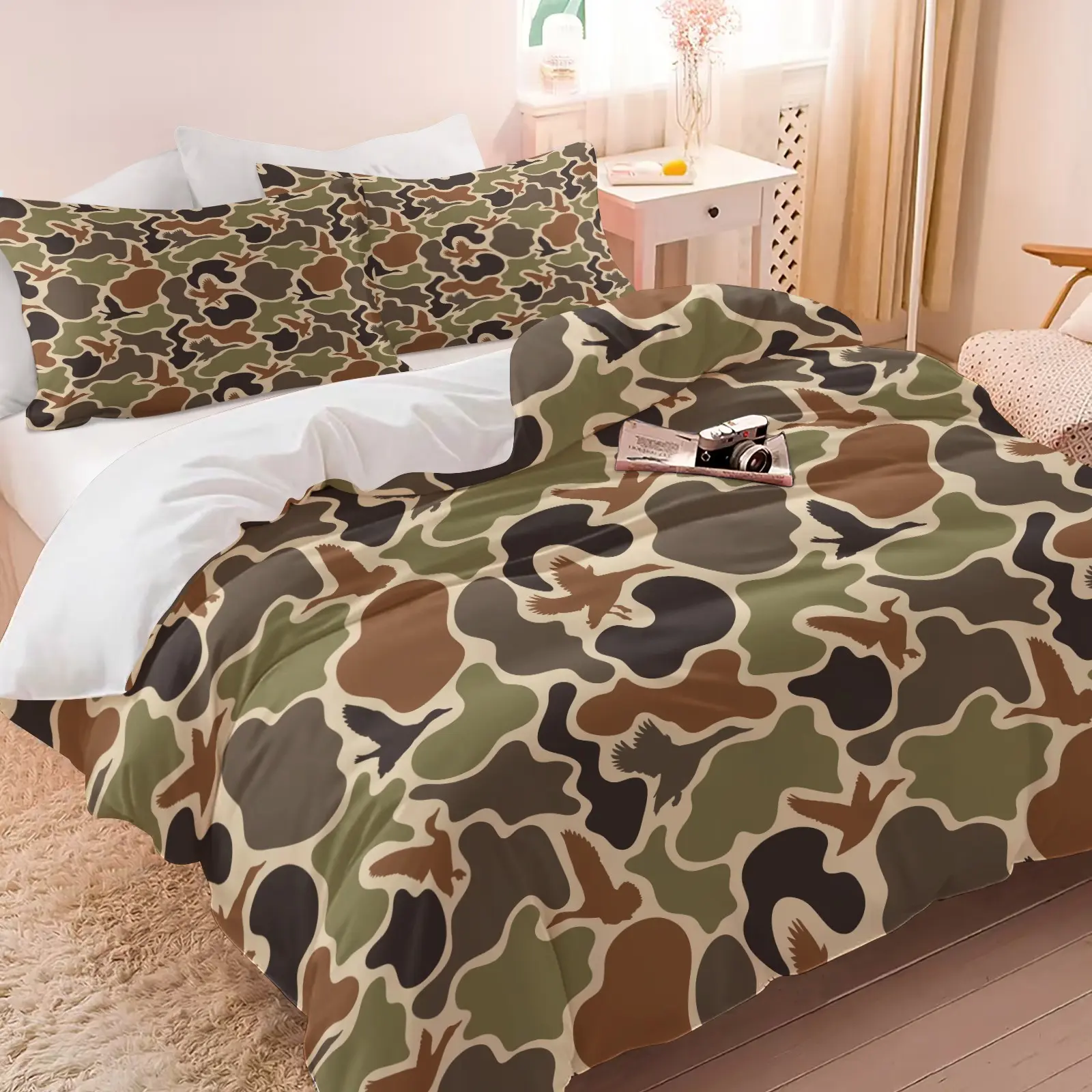 2/3 pieces Duck Hunter Green Camouflage Hunting Soft Bedding Set, Theme Bedding Set, Full Comforter Cover Set for Boys Teens Duvet Cover Breathable Bedspread Cover Room Decor Quilt Cover, No Comforter, Includes 1 Duvet Cover and 1/2 Pillowcase