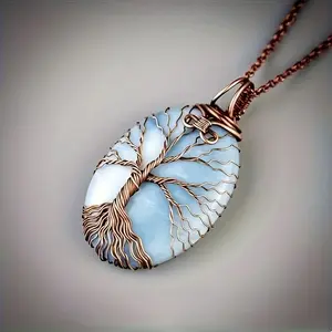 1pc Bohemian Tree of Life Pendant Necklace  Unisex Natural Stone Amulet Jewelry with Wire-Wrapped Design, Elegant Blue & White Stone, Perfect for Men & Women, Symbolic Necklace | Bohemian Style | Meaningful Decor