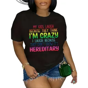 Rainbow Gradient "I'm Crazy, It's Hereditary" Graphic Tee - Funny Mom Streetwear Black "I Laugh Because They Don't Know It's Hereditary" Cotton T-Shirt - Mom Casual Top Funny "My Kids Laugh" Black Fitted T-Shirt - Parenting Humor Statement Tee