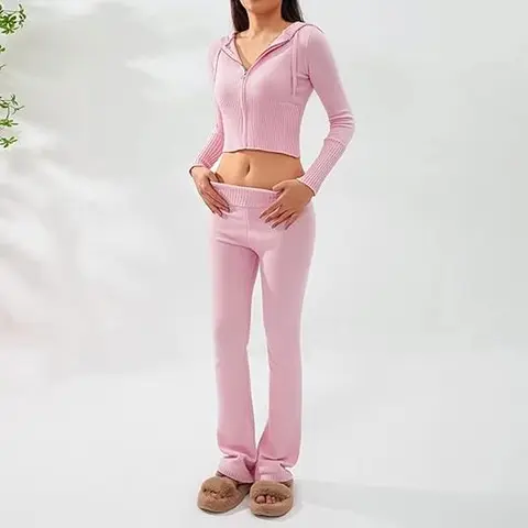 Women's 2-Piece Ribbed Soft Polyester Spandex Set, Cropped Zip-Up Long Sleeve Hoodie & Flare Leggings, Casual Everyday Sporty Chic Womenswear