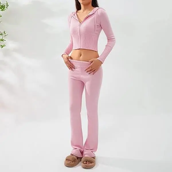 Women's 2-Piece Soft Ribbed Long Sleeve Hoodie & Spandex Flare Legging Set, Sexy Cropped Zip-Up Casual Clothes