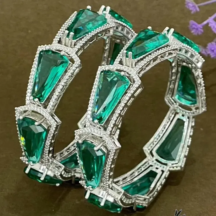 PREMIUM AMERICAN DIAMOND BANGLES Size 2.6 Pair of Emerald-Cut and Baguette-Cut Moissanite Bangle Set, silver with Green Stone