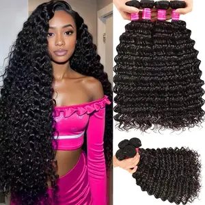 100% Virgin Human Hair Deep Wave Bundles 12A Deep Wave Bundles 3/4 Bundles Straight Hair Burmese Curly Bundles with 4x4 Closure Human Hair Bundles for Women Natural Black Quick Weave Deep Wave Hair Extensions