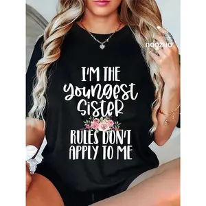 🎉 100% Cotton Youngest Sister Shirt Rules Don't Apply To Me Funny Sibling T-Shirt