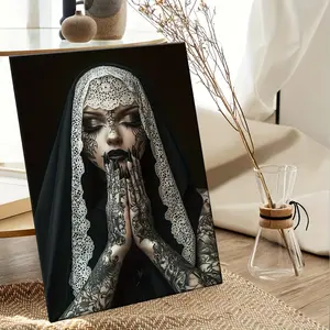 Gothic Nun Tattoo Pine Wood Wall Art Poster Print - 1-Piece, Artistic Revival Modern Design, Black Lipstick Accent, Decoration for Living Room Decorations, Bedroom Home Decor