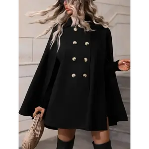 Double-breasted Cape Coat, Elegant Solid Cape Sleeve Notched Lapel Coat For Fall & Winter, Women's Clothing