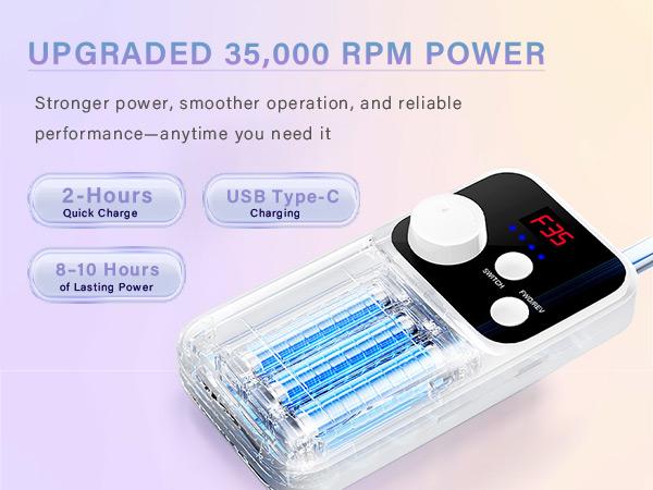 Professional Electric Nail Drill 35000 RPM,Portable Rechargeable E-File with LED Display,Quiet Low-Vibration Nail File Machine, Adjustable Speed,12 Nail Drill Bits for Acrylic Nails & Gel Nails