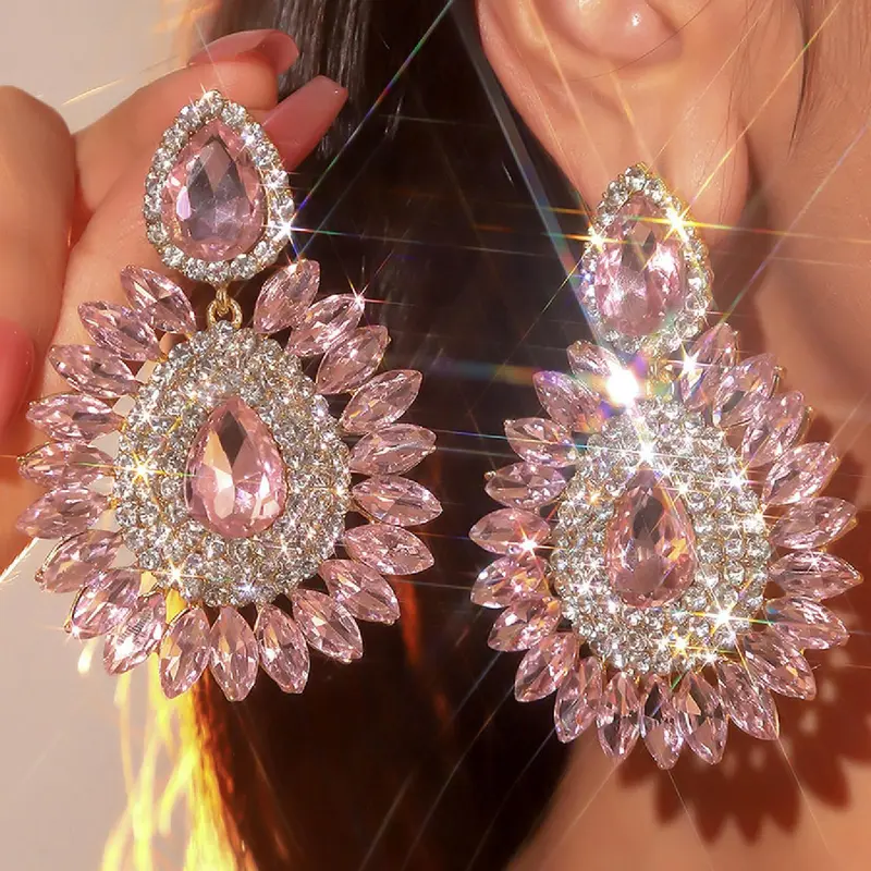 Water Drop Shaped Rhinestone Decor Dangle Earrings, Fashionable Earrings, Fashion Flower Design Jewelry for Party, Daily Clothing Decor, Trendy All-match & Exquisite Jewelry for Birthday Gift, Crystal Earrings